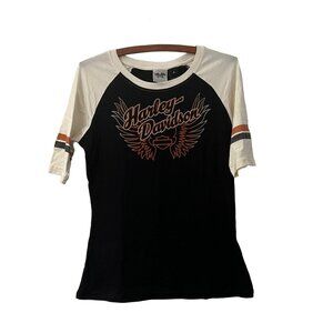 Harley Davidson Black Beige Raglan Tshirt Logo Front Womens Size Medium